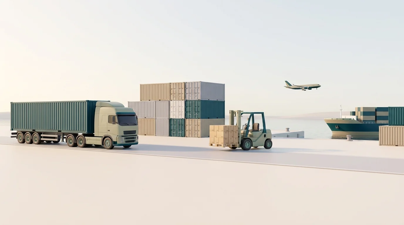 A truck, a forklift, stacked containers, a cargo ship and a cargo plane at a Golden Speed freight yard