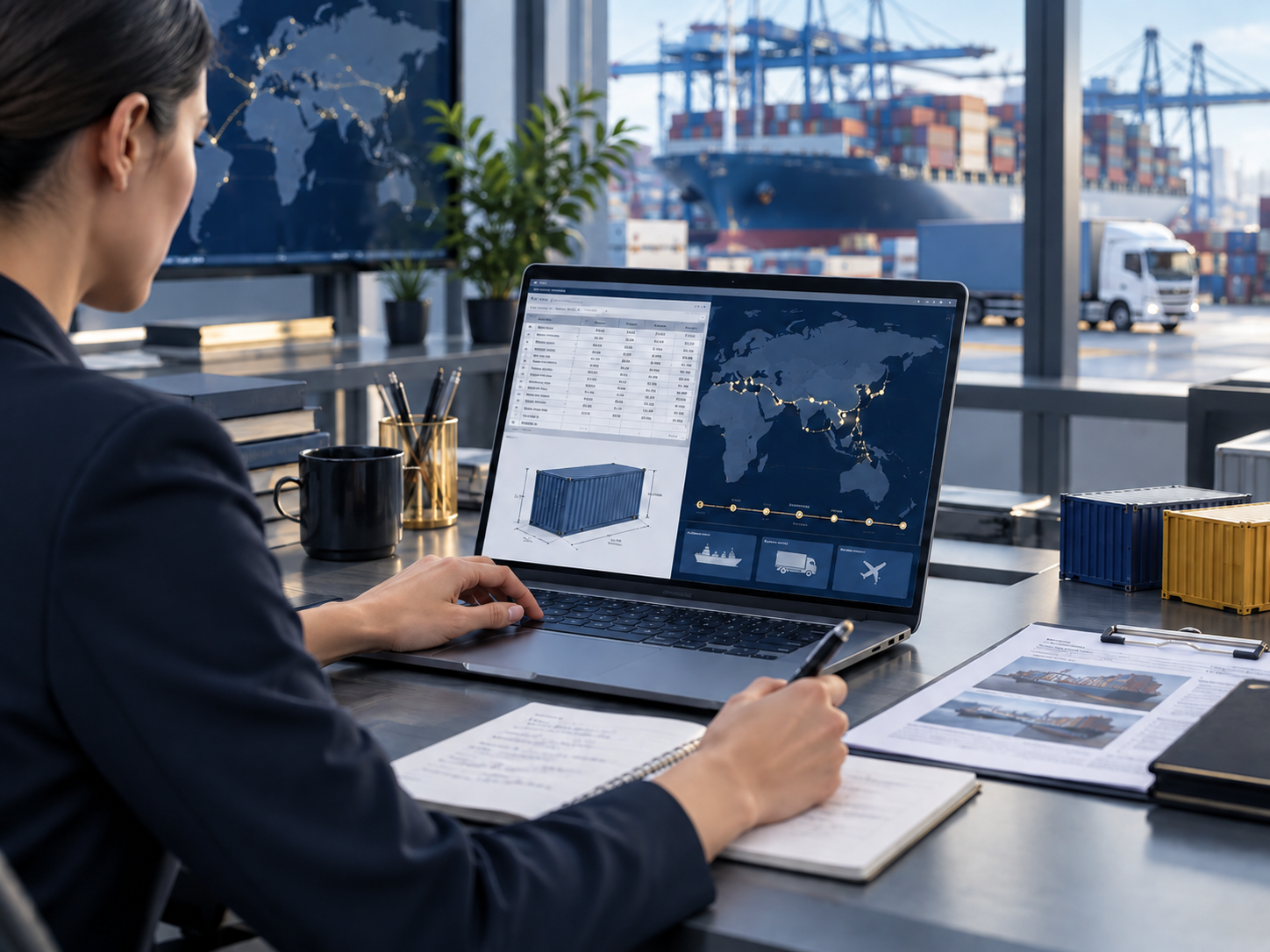 A logistics coordinator reviewing shipment details and route options
