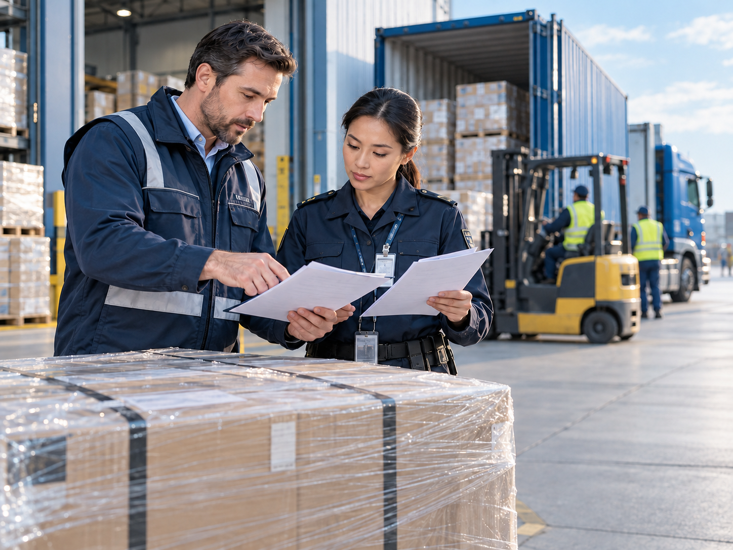 A freight coordinator and customs officer checking cargo documents