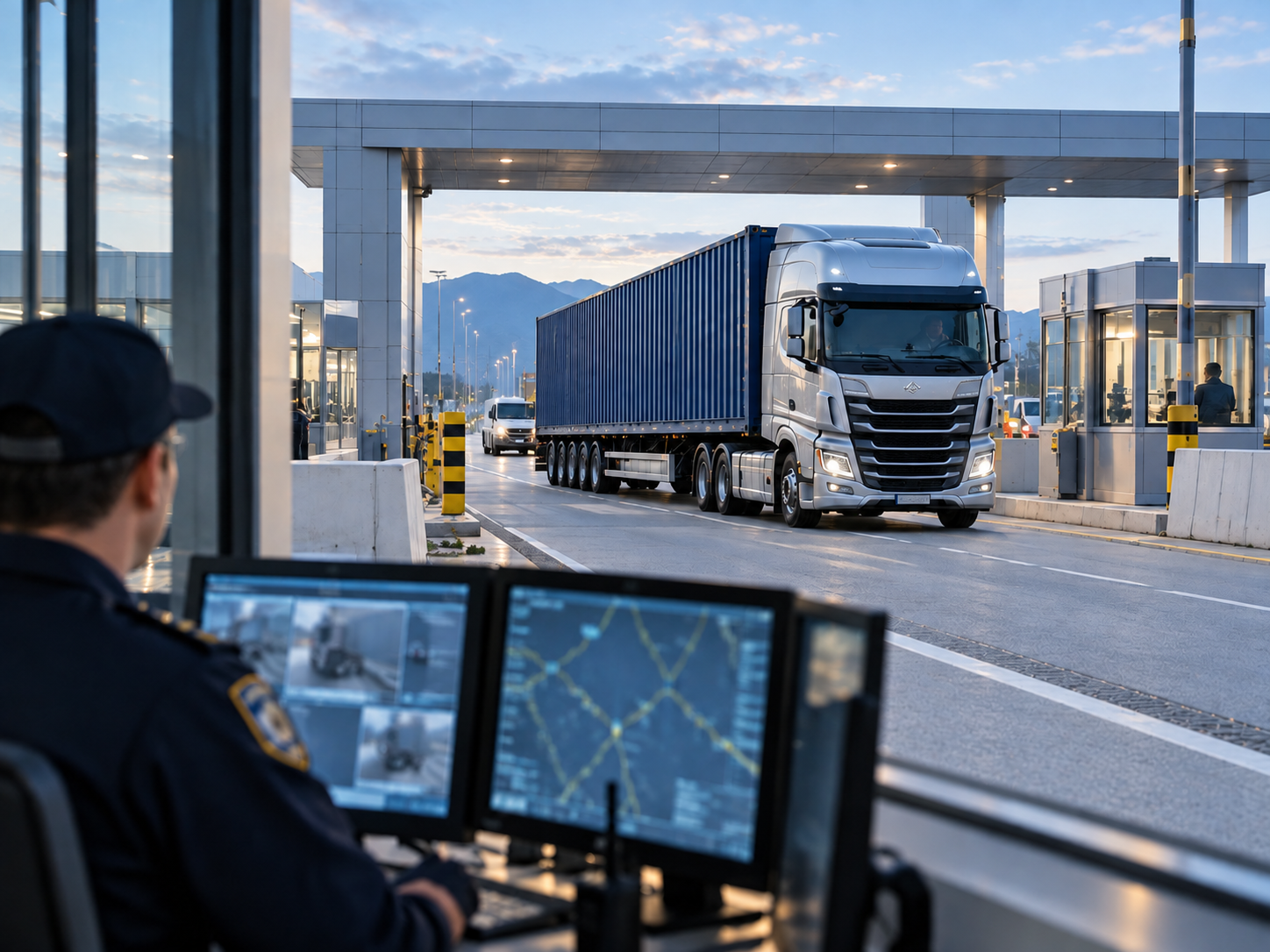 A shipment being monitored as it crosses a border checkpoint